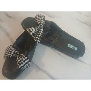 OKA-B Womens Black White Houndstooth Ribbon Bow Sandals  Mules Slip-on M/L